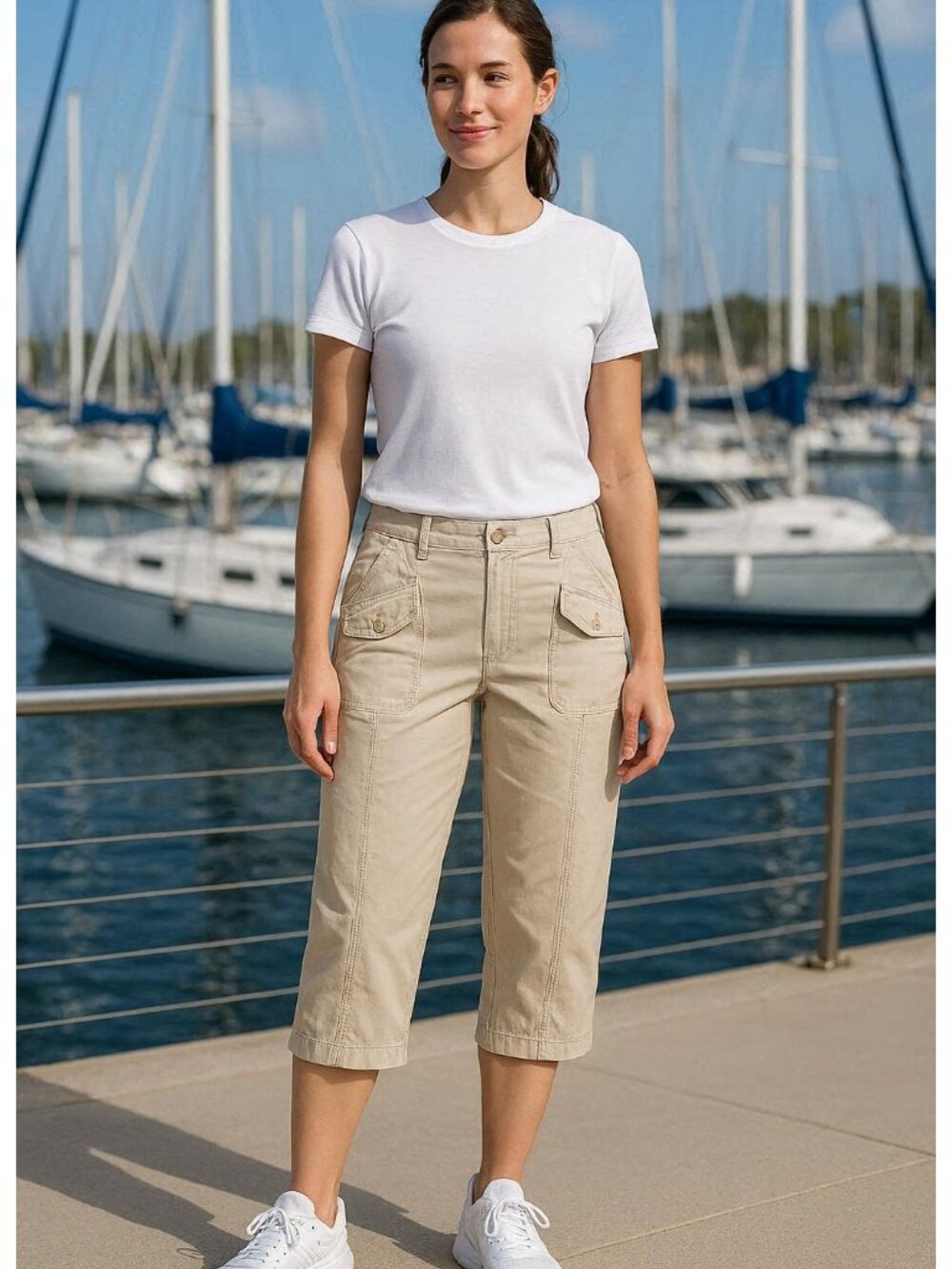 GAP Sz 12 Cropped Cotton Summer Capri Pants Thrashed Straight Leg Beige Breathbl